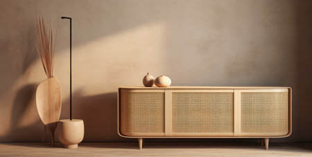 Wooden cabinet in a minimalist living room compositionの素材