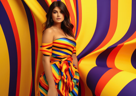 Young lady wearing striped clothing over a striped backgroundの素材