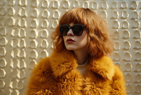 Confident young woman in sunglasses and a fur coatの素材