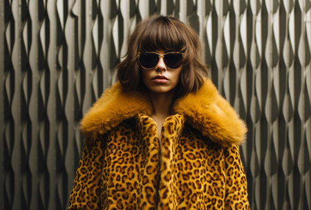 Confident young woman in sunglasses and a fur coatの素材