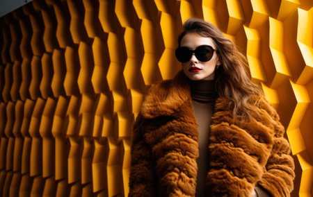 Confident young woman in sunglasses and a fur coatの素材