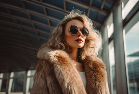 Confident young woman in sunglasses and a winter coatの素材