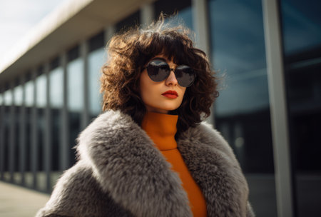 Confident young woman in sunglasses and a winter coatの素材