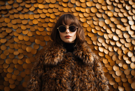 Confident young woman in sunglasses and a fur coatの素材