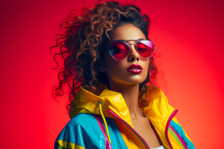 Woman in colorful 80s jacket. 90s vibes concept imageの素材