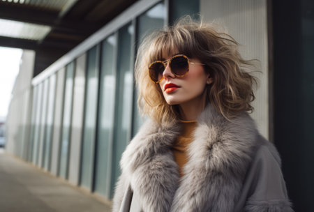 Confident young woman in sunglasses and a winter coatの素材