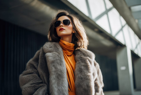 Confident young woman in sunglasses and a winter coatの素材