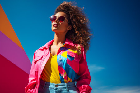 Woman in colorful 80s jacket. 90s vibes concept imageの素材