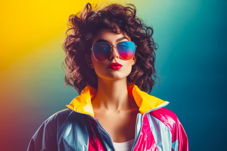 Woman in colorful 80s jacket. 90s vibes concept imageの素材