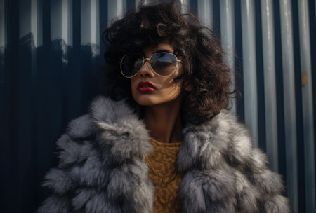 Young Indian woman in sunglasses and a fur coat-6の素材