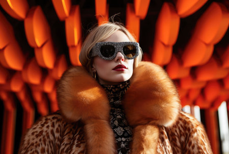 90s young woman in sunglasses and a fur coatの素材