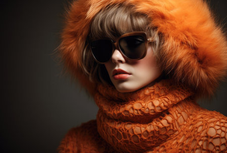 90s young woman in sunglasses and a fur coatの素材