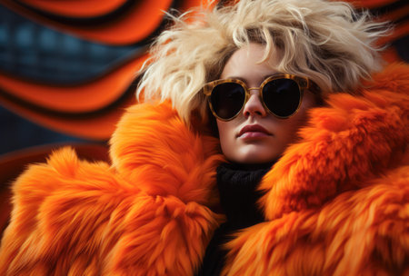 90s young woman in sunglasses and a fur coatの素材