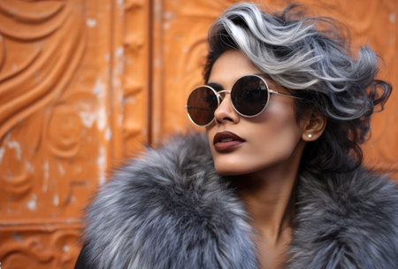 Young Indian woman in sunglasses and a fur coat-6の素材