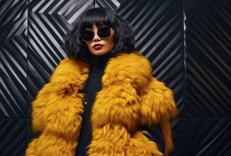 Confident Chinese young woman in sunglasses and a fur coatの素材