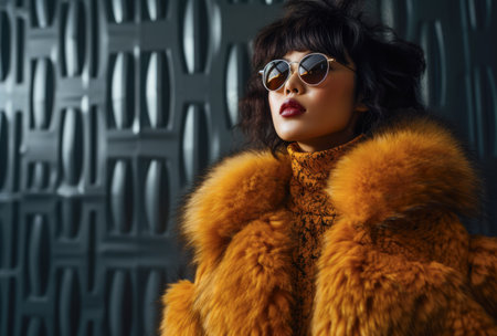 Confident Chinese young woman in sunglasses and a fur coatの素材