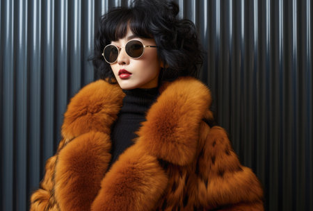 Confident Chinese young woman in sunglasses and a fur coatの素材