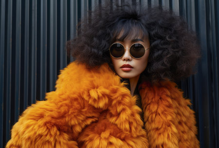 Confident Chinese young woman in sunglasses and a fur coatの素材