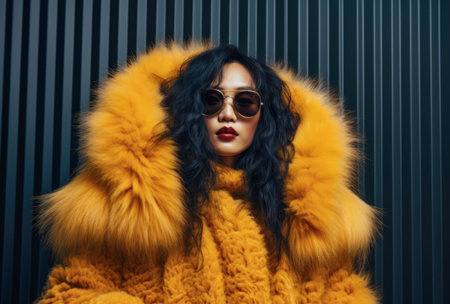 Confident Chinese young woman in sunglasses and a fur coatの素材