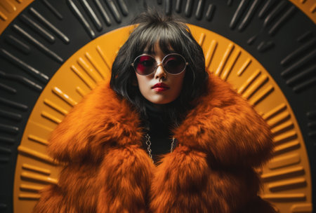 Confident Chinese young woman in sunglasses and a fur coatの素材
