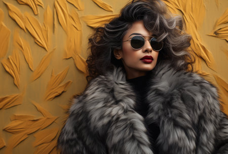 Young Indian woman in sunglasses and a fur coat-6の素材