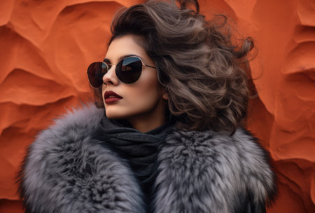 Young Indian woman in sunglasses and a fur coat-6の素材