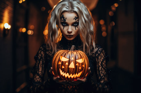 Halloween woman holding a carved pumpkin in a spooky halloween outfitの素材