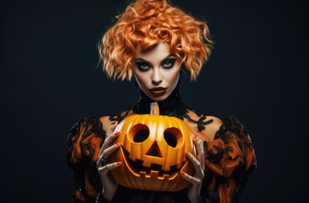 Halloween woman holding a carved pumpkin in a spooky halloween outfitの素材