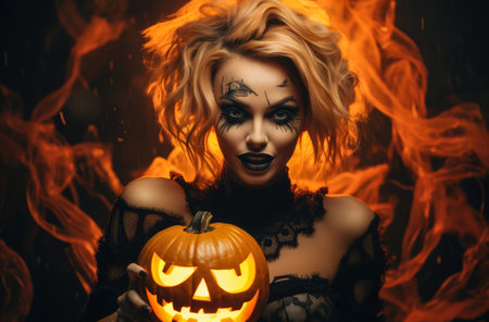 Halloween woman holding a carved pumpkin in a spooky halloween outfitの素材