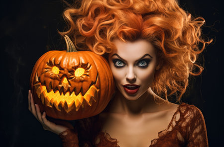 Halloween woman holding a carved pumpkin in a spooky halloween outfitの素材