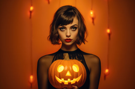 Halloween woman holding a carved pumpkin in a spooky halloween outfit.の素材