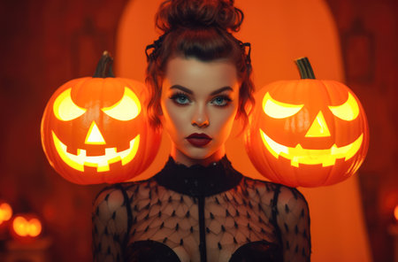 Halloween woman holding a carved pumpkin in a spooky halloween outfit.の素材