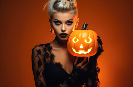 Halloween woman holding a carved pumpkin in a spooky halloween outfit.の素材