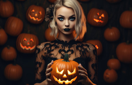 Halloween woman holding a carved pumpkin in a spooky halloween outfit.の素材