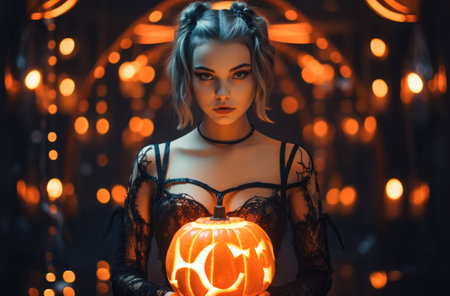 Halloween woman holding a carved pumpkin in a spooky halloween outfit.の素材