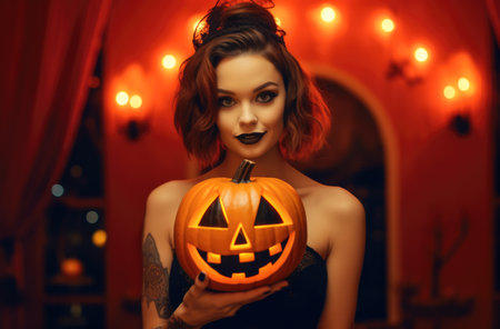 Halloween woman holding a carved pumpkin in a spooky halloween outfit.の素材