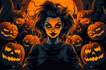 Spooky Halloween woman holding a pumpkin on her handsの素材