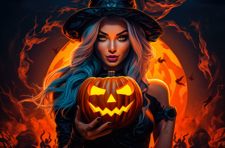 Spooky Halloween woman holding a pumpkin on her handsの素材