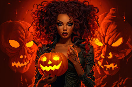 Spooky Halloween woman holding a pumpkin on her handsの素材