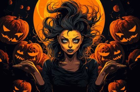 Spooky Halloween woman holding a pumpkin on her handsの素材