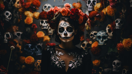 Woman with skull make up. Halloween concept imageの素材