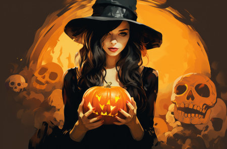 Halloween woman holding a pumpkin on her hands. Halloween concept imageの素材
