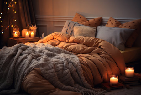 Cozy bedroom with stylish decor in autumnal styleの素材