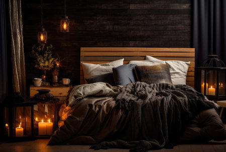 Cozy bedroom with stylish decor in autumnal styleの素材