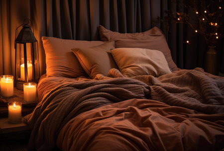 Cozy bedroom with stylish decor in autumnal styleの素材