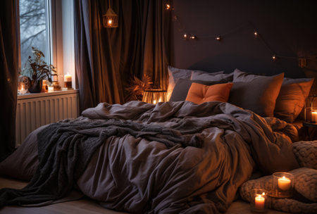 Cozy bedroom with stylish decor in autumnal styleの素材