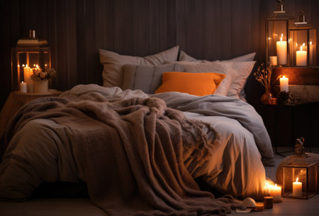 Cozy bedroom with stylish decor in autumnal styleの素材
