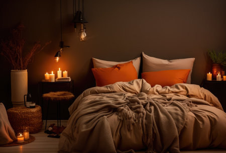 Cozy bedroom with stylish decoration in autumnal styleの素材
