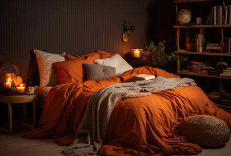 Cozy bedroom with stylish decoration in autumnal styleの素材