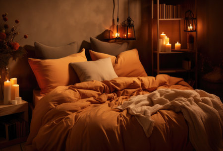 Cozy bedroom with stylish decoration in autumnal styleの素材